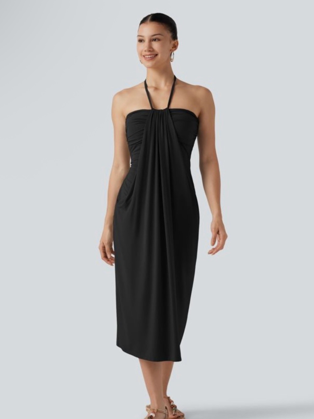 HALARA Black Strapless Halter Midi Dress